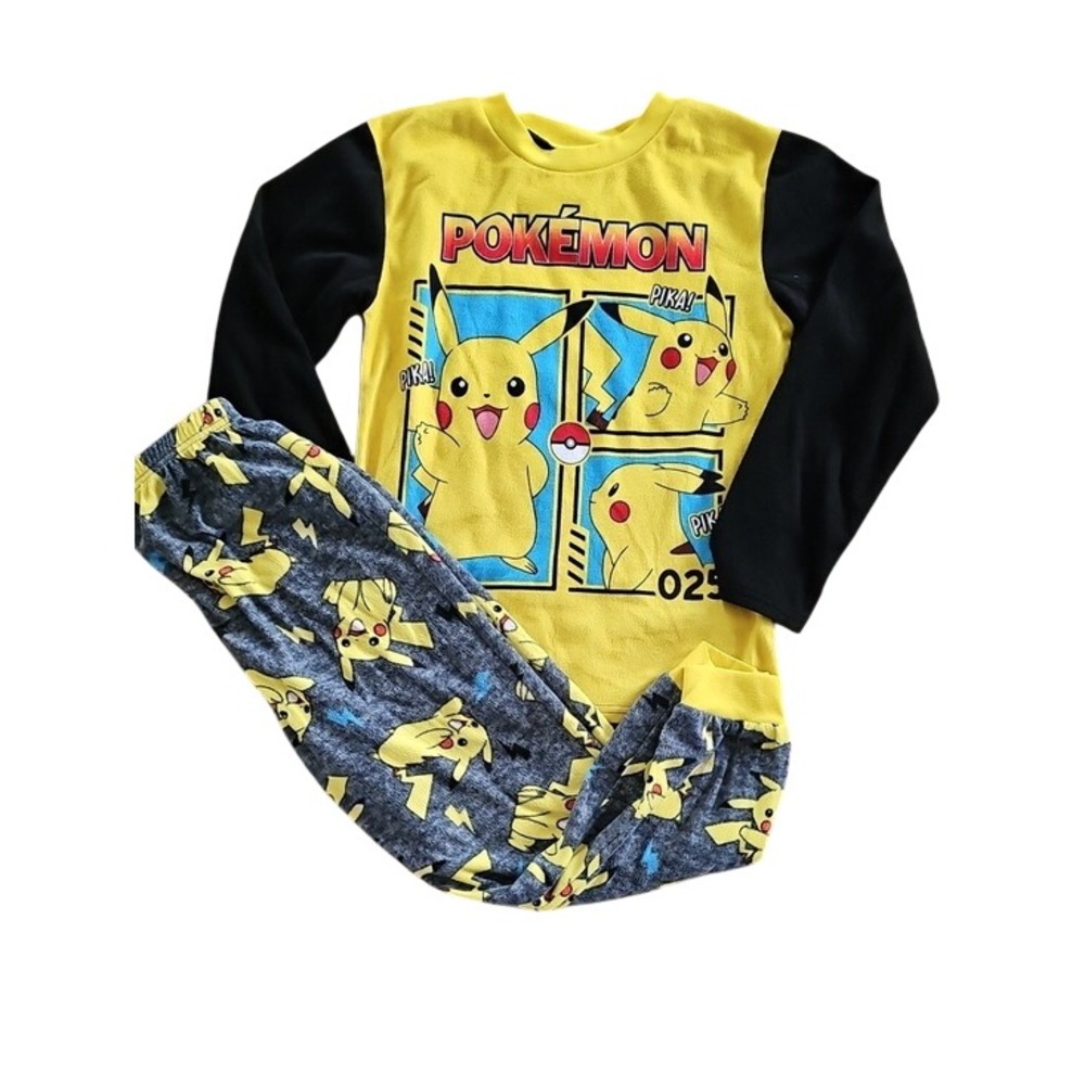 Pokemon Pikachu Pajama Set Long Sleeve Fleece Sleepwear Kids Size M 8/10 Yellow